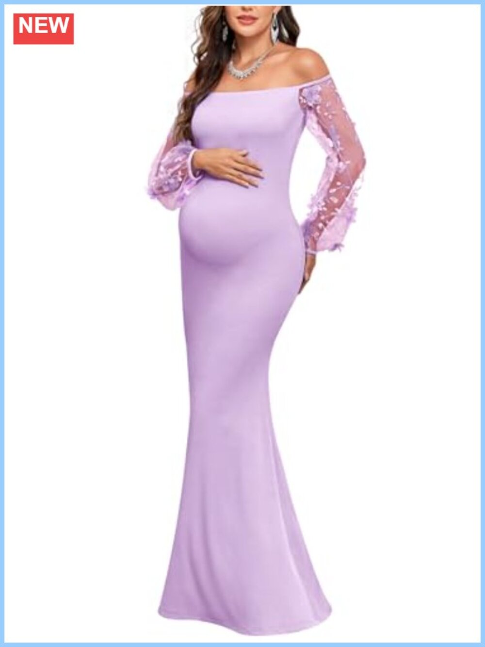 Off-Shoulder Maternity Mermaid Maxi Gown 3D Floral Mesh Sleeve